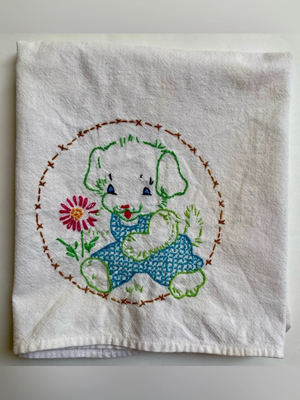 Vintage Hand-Embroidered Puppy Tea Towel Retro White with Multi-Color Stitching